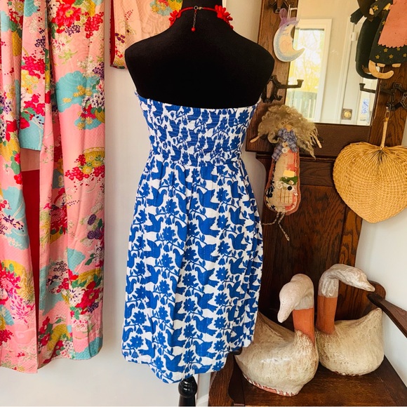 Old Navy Blue and White Strapless Bird & Floral Print Dress - Picture 4 of 5